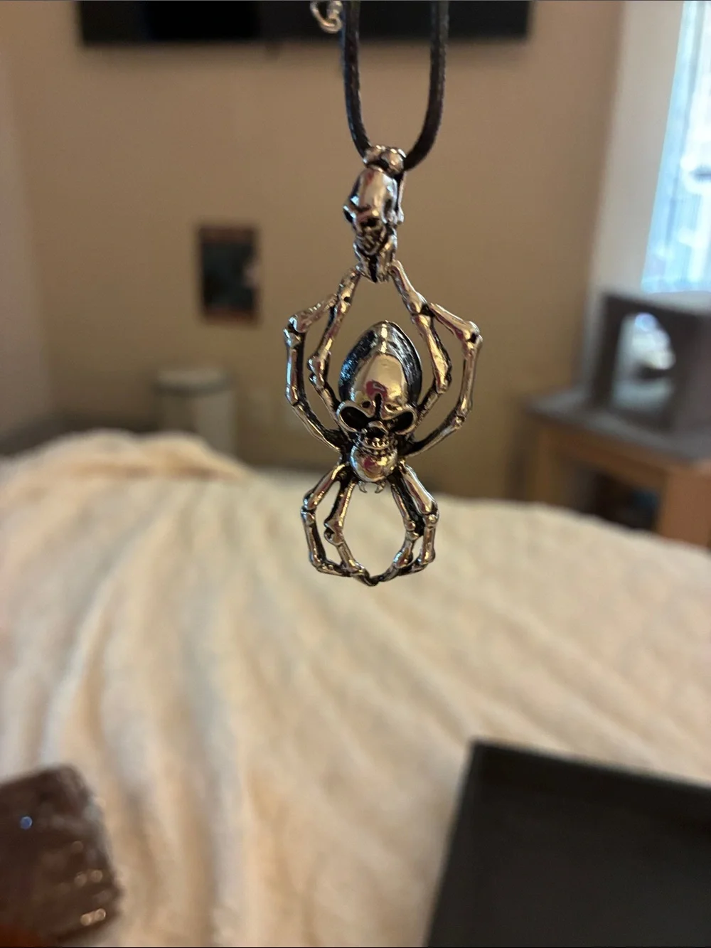 Silver Spider Skeleton Pendant Necklace With A Black Cord